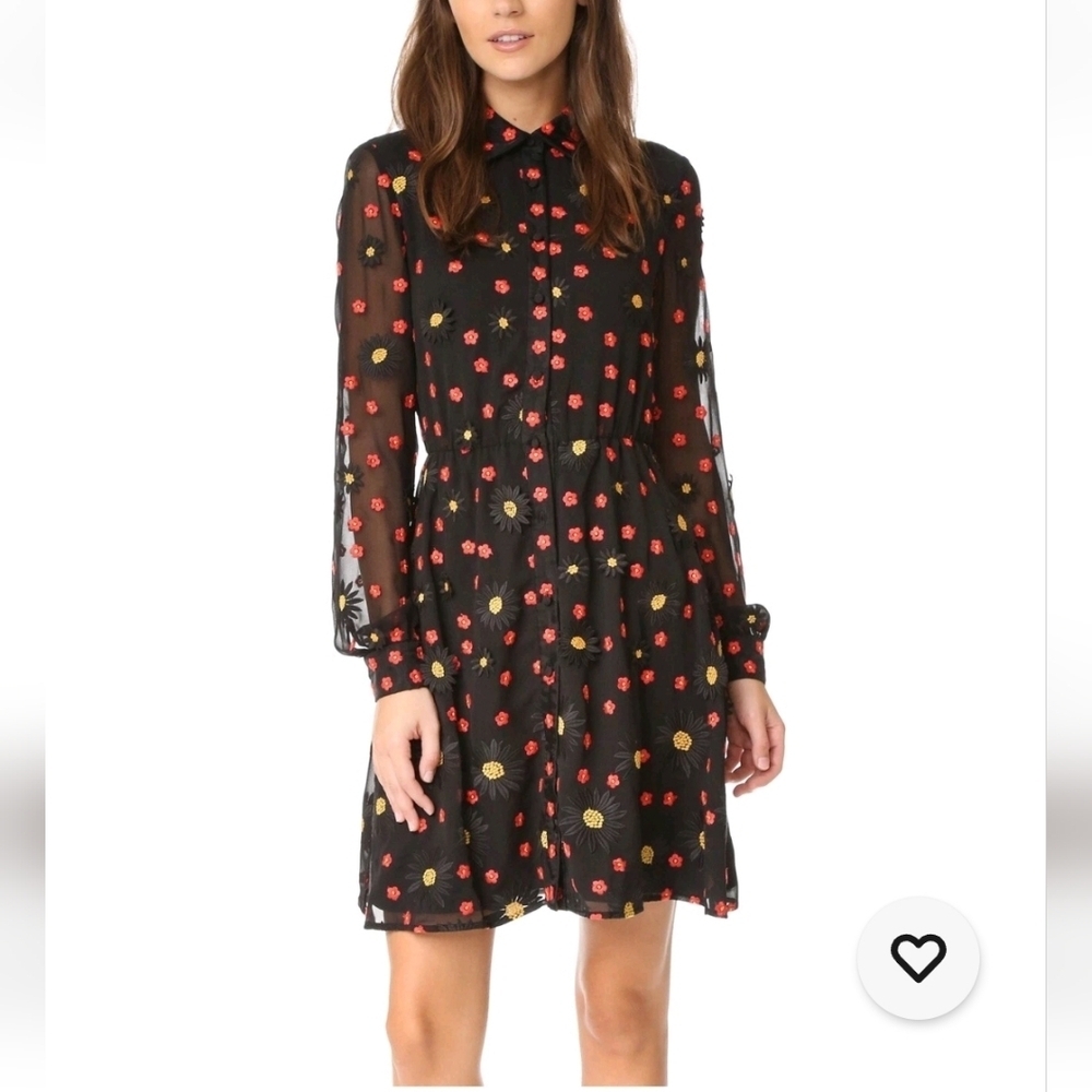 Alice + Olivia-"Enid" Floral Embroidered Appliqu Shirt Dress Black-Size Xs